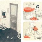 Bei einer Tür mit Namen klingelt ein Mann mit Blumen. Drinnen sitzen drei Frauen am Tisch. Er übergibt Blumen an eine von ihnen.