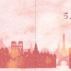 5. DEZEMBER; rosa Illustration einer Stadtsilhouette mit Schneeflocken und Lichtern.