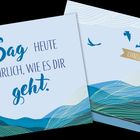 "Challenge: Sag heute ehrlich, wie es dir geht." Illustration mit Wellen, Vögeln und sanften Blautönen.