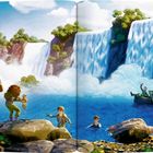 Illustration mit Wasserfällen, Menschen posieren auf Felsen; einige schwimmen, andere sitzen fröhlich winkend auf einer Kiste.