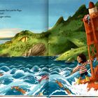 Text: Vom Wind durchgerüttelt und nass wie die Fische schauten Toni und ihr Papa auf die Insel. Es war unglaublich: Die Insel schaute zurück! Toni war sich sicher, dass sie lächelte, bevor sie ihre Augen schloss.

Illustration: Ein Mädchen und ein Mann stehen auf einer Boje im Meer, viele bunte Fische springen. Eine grüne Insel mit einem Auge.