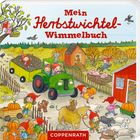 „Mein Herbstwichtel-Wimmelbuch“. Eine lebhafte Szene mit Wichteln, Traktor, Tieren und Ernte im Herbst.