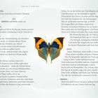 dritter Akt, zweite Szene. Textdialoge zwischen Hermia, Oberon, und Puck. Ein bunter Schmetterling ziert die Mitte.