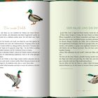 Links oben: "Die weiße Dohle". Rechts oben: "Der Falke und die Ente". Darunter Illustrationen von einer Ente.