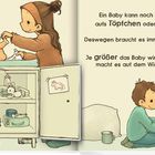 Links: "Wo ist Hasi?" Rechts: Text über Babypflege und Windeln. Illustration eines Babys auf dem Wickeltisch.