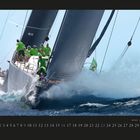 Kalender mit Zahlen von 1 bis 31 und "WINWIN Saint Barths Bucket Regatta". Segelboot auf rauer See, Crew in grünen Shirts.