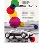 1960 Aintree 200 und 44. Targa Florio. Rennwagen mit Fahrer, umgeben von bunten Kreisen, unten steht "Porsche".
