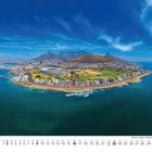 Kalenderblatt für Mai. Westafrika - Kapstadt mit Tafelberg im Hintergrund. Küstenlandschaft mit Bergen und Stadion.