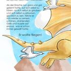 Ein Drache lernt, sich selbst zu vertrauen und möchte fliegen. Er fliegt mit weißen Vögeln über Felsen.