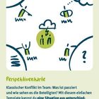 Oben "UZMO TEMPLATES". Text darunter: "Perspektivenkarte. Klassischer Konflikt im Team..." Illustration zeigt stilisierte Figuren und Sprechblasen.