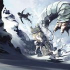 Eine Illustration zeigt ein gigantisches, wurmartiges Wesen, das aus Schnee bricht. Ein Mensch und Schlittenhunde fliegen in die Luft.