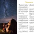 "STERNENNACHT" und Text beschreiben eine Sommernacht unter klaren Sternen. Rechts ein Heuhaufen, unten links brennt ein Feuer.