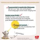 TIERGESCHICHTE ÜBER RESPEKTVOLLES ZUSAMMENLEBEN. Illustration eines Nashorns mit Notizblock. DON BOSCO Logo unten rechts.