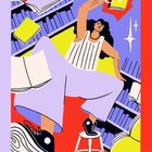 Illustration: Person greift Buch im Regal, bunte, dynamische Szene, umgeben von schwebenden Büchern und Sternen.