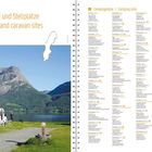 Camping- und Stellplätze. Seiten 214-215. Bild links: Wohnmobil vor Berg und See. Rechts: Liste von Campingplätzen.