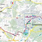 Karte mit den Texten "Villingen", "Schwenningen", "Mühlhausen", Route mit gelben Straßen und lila markierter Linie.