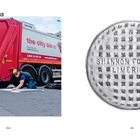 DUBLIN > IRELAND, "the city bin" auf Müllwagen, Mann kniet auf Straße. Rechts ein Kanaldeckel mit "SHANNON FOUNDRY LIMERICK".