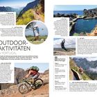 Texte: Outdoor-Aktivitäten in Portugal; Spalten über Wandern, Golf, Klettern, Seilrutschen, Radfahren. Fotos von Natur- und Sportaktivitäten.