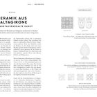 Texte: "Keramik aus Caltagirone", "Eine jahrtausendealte Kunst", "Mediterrane Kunst", "Symbole und Traditionen", "Sizilianischer Pinienzapfen", "Majolikafliese". Beschreibung: Artikel über die Keramikkunst aus Caltagirone mit Illustrationen von Fliesen, Vasen und Symbolen.