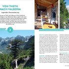 "Von Theth nach Valbona: Legendäre Passwanderung. Der Pass ist geschafft, aber hier beginnt ein langer, sonnendurchtränkter Abstieg." Links Gebirgslandschaft, rechts Holzhütte und Wanderer im Wald.