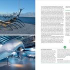 Texte: "Ein Bad im Nordatlantik", "Settlement Exhibition", "Tipp". Fotos: Skulptur am Meer, großes Modell eines Wals in Halle.