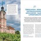 "Wallfahrtskirche Birnau" und Tourbeschreibung bei Überlingen. Barocke Kirche vor Weinreben und Wolkenhimmel.