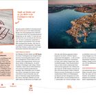 Texte: 
"Schiffe und Schatten sind nur zum Malen..."
"Tipp: Wikinger-Markt".
"Ein rotes Holzhaus..."
Illustration mit Granitgravur links, Foto einer Küste rechts.