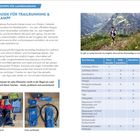 Texte: "PACKGUIDE FÜR TRAILRUNNING & WETTKAMPF", Liste mit Ausrüstungsgegenständen für unterschiedliche Laufstrecken. 

Links: Gepackte Utensilien. Rechts: Läufer in den Bergen.