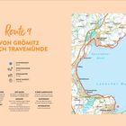 "Route 9: Von Grömitz nach Travemünde, Schwierigkeitsgrad leicht, 46 km, 75 Hm, 2:30 Std. Karte mit Küstenverlauf."