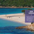 "DER SÜDEN" in einem violetten Feld, beschreibt Sardiniens Hauptstadt, Salinen, Weiden und Strände mit türkisfarbenem Wasser.