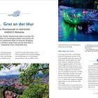 **18. Graz an der Mur**  
Ein Wochenende im steirischen UNESCO-Welterbe.  
Links Stadtpanorama, rechts beleuchtete Insel in Fluss.