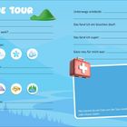 "MEINE TOUR" mit Fragen zu Ort, Zeit, Distanz, Wetter; Symbole für Sonne, Wolken; Platz für Foto und Eindrücke.