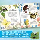 NATURWISSEN FÜR KINDER – DER PROZESS DER METAMORPHOSE KINDGERECHT ERKLÄRT. Illustrationen von Schmetterlingen in bunten Farben, umgeben von Blumen.