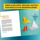ÜBER 50 BELIEBTE ORIGAMI-MOTIVE, VON NIEDLICH BIS BEEINDRUCKEND. Offenes Buch mit Origami-Motiven und gefalteten Figuren.