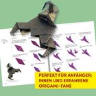 Text: "PERFEKT FÜR ANFÄNGER: INNEN UND ERFAHRENE ORIGAMI-FANS." Darunter Origami-Anleitung, darüber gefaltetes Tier.