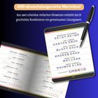 Text: "SKAT + GEBÄUDE, KARTEN HAUS, KARTENHAUS". Bunte Buchstaben, blau-violetter Hintergrund.