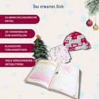 "Das erwartet Dich: 24 abwechslungsreiche Rätsel, 3D-Tannenbaum, klassisches Türchenöffnen, viele Rätseltypen." Schneeflocken, Baum.