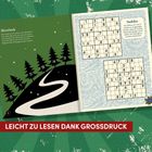 Heiligabend: Unterschiede in Bildern suchen. Kakuro: Zahlenrätsel. Im Hintergrund weihnachtliche Szene. "LEICHT ZU LESEN DANK GROßDRUCK".
