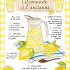 Rezept für "Citronnade à l'ancienne" mit handgezeichneten Zitronen und einer Glaskaraffe vor gelbem Karo-Hintergrund.