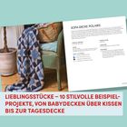Lieblingsstücke – 10 stilvolle Projekte. Sofa-Decke Polaris Text, daneben Bild einer gestrickten Decke auf einem Stuhl.