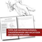 Tipps zur Materialauswahl, Fingerübungen und wichtigen Zeichengrundlagen. Gezeichnete Hände im Hintergrund.