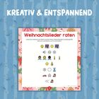 "Weihnachtslieder raten" in Rot auf weißem Hintergrund. Emojis von Gesichtern, Musiknoten und Weihnachtssymbolen folgen.