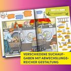 Verschiedene Suchaufgaben mit abwechlungsreicher Gestaltung. Illustration: Menschen waschen in einer Großwäscherei.