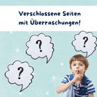 „Verschlossene Seiten mit Überraschungen!“ Drei Sprechblasen mit Fragezeichen und ein Junge, der den Finger auf den Lippen hat.