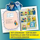 MIT LÖSUNGEN – ZUR SELBSTKONTROLLE UND FÜR SCHNELLE ERFOLGSERLEBNISSE. Eine bunte Comic-Illustration mit Superhelden.
