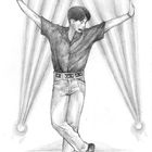 Ein Mann tanzt mit ausgebreiteten Armen, Scheinwerferstrahlen im Hintergrund, trägt Hemd und Jeans. Bleistiftzeichnung.