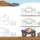 Zeichnungen von Monstertrucks in verschiedenen Entwicklungsstufen, von Skizzen bis hin zu farbigen Modellen mit Flammen.