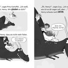 Zwei Kinder und ein Einhorn fliegen auf einem grinsenden Drachen. Texte: "Du schaffst das!" und "ACH DU MEINE GÜTE!"