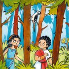 „Findest du Jason?“ Im Wald stehen zwei Kinder in antiken Gewändern, umgeben von Tieren und Bäumen.