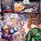 Comic mit dynamischer Action: Figuren kämpfen, rufen Warnungen, Explosionen und Bewegungen werden mit großen Schriftzügen dargestellt.